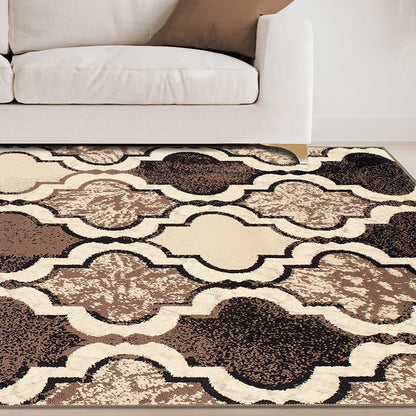 5' X 8' Ivory Brown And Black Quatrefoil Distressed Area Rug