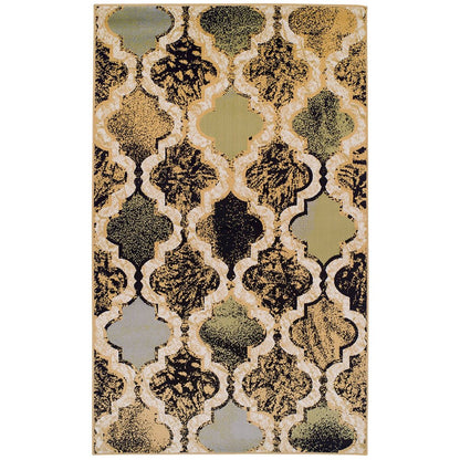 5' X 8' Black And Ivory Quatrefoil Distressed Area Rug