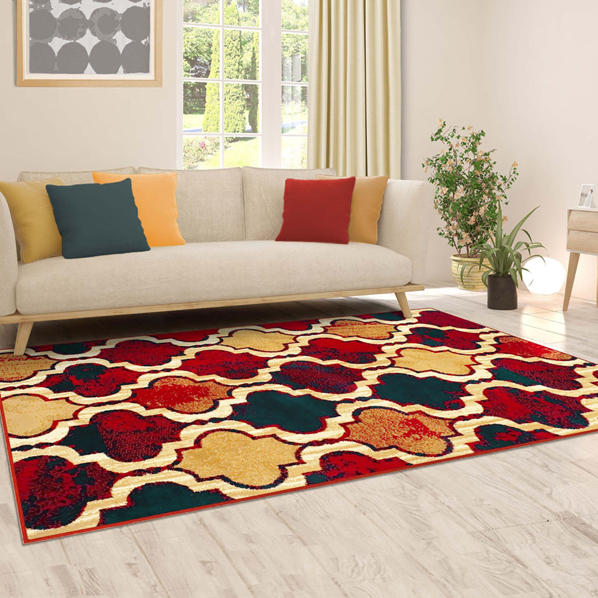 5' X 8' Red Blue Quatrefoil Power Loom Distressed Stain Resistant Area Rug