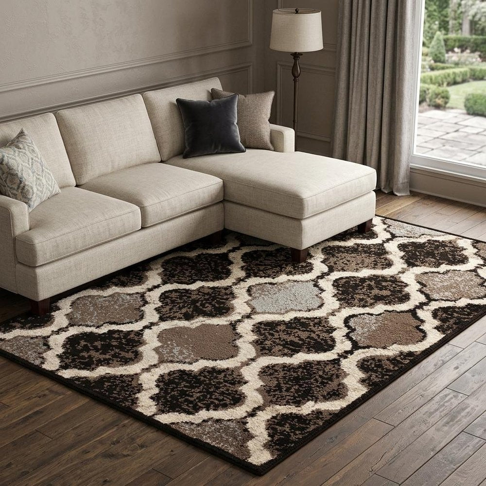 6' X 9' Brown Black And Ivory Quatrefoil Distressed Area Rug