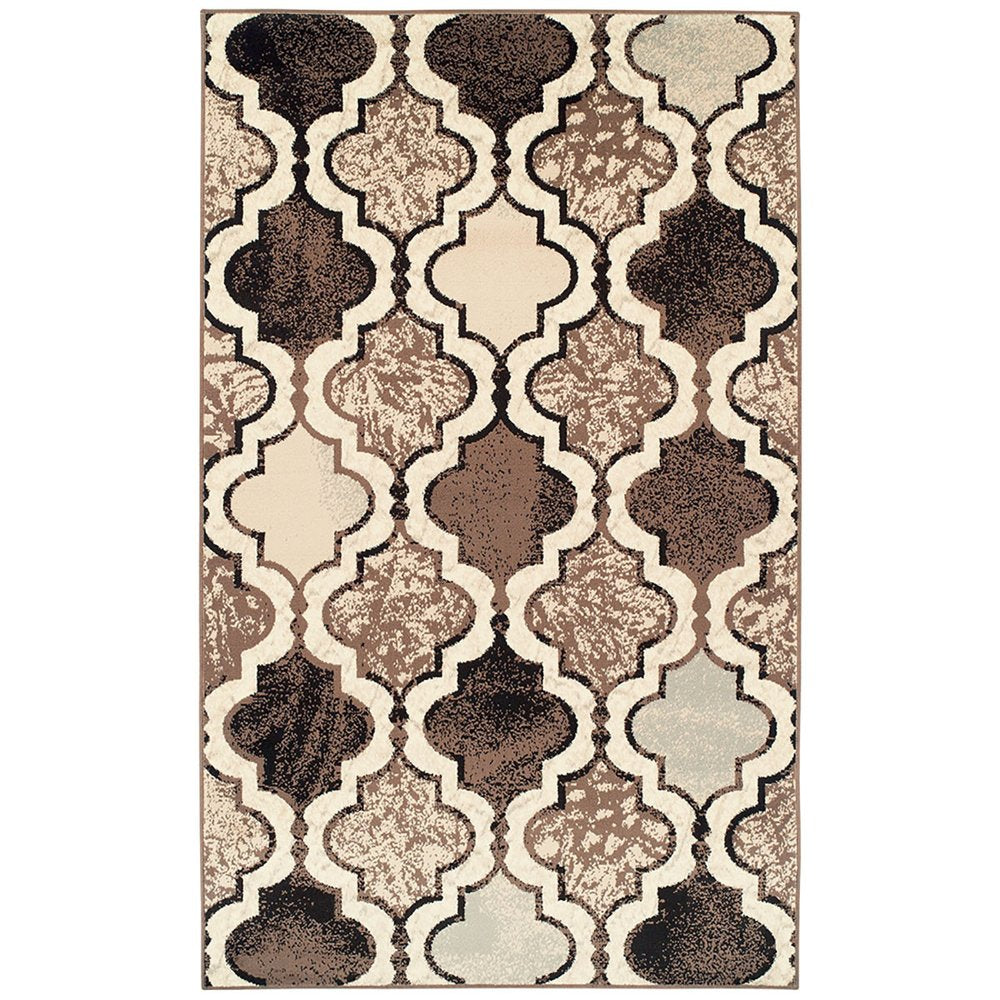 6' X 9' Ivory Brown And Black Quatrefoil Distressed Area Rug