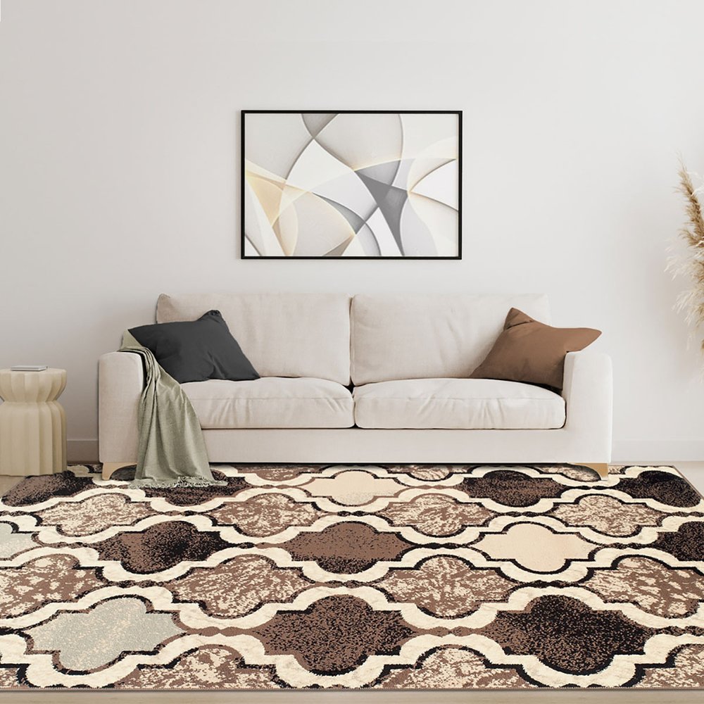 6' X 9' Ivory Brown And Black Quatrefoil Distressed Area Rug