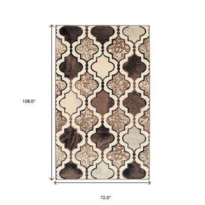 6' X 9' Ivory Brown And Black Quatrefoil Distressed Area Rug