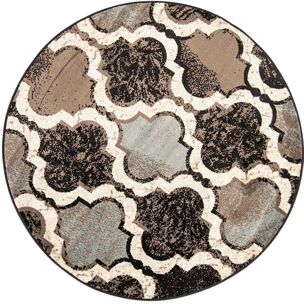 8' Round Chocolate Round Quatrefoil Power Loom Distressed Stain Resistant Area Rug