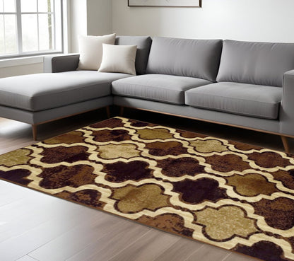 8' X 10' Coffee Beige And Black Quatrefoil Distressed Area Rug