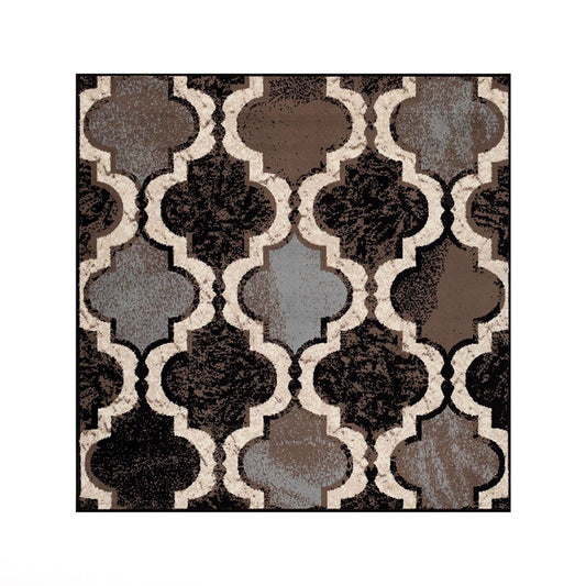 8' Square Chocolate Square Quatrefoil Power Loom Distressed Stain Resistant Area Rug