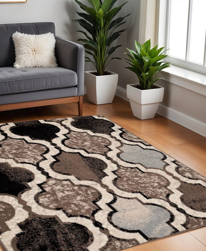 8' Ivory Brown And Black Quatrefoil Distressed Square Rug