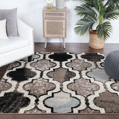8' Ivory Brown And Black Quatrefoil Distressed Square Rug