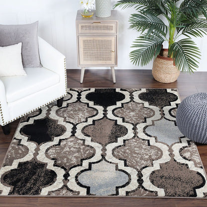 8' Ivory Brown And Black Quatrefoil Distressed Square Rug