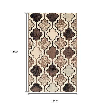 9' X 12' Ivory Brown And Black Quatrefoil Distressed Area Rug