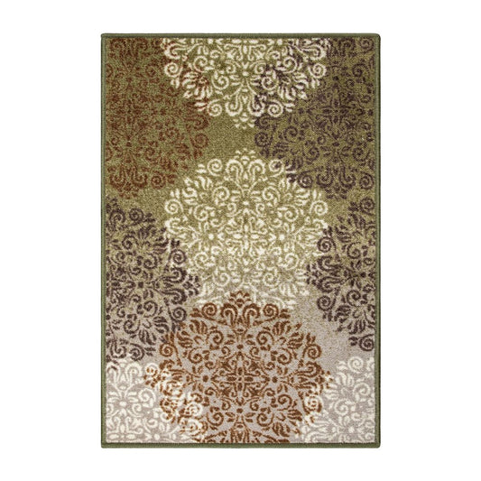 2' X 3' Brown Green And Ivory Floral Medallion Area Rug
