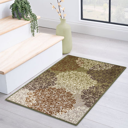 2' X 3' Brown Green And Ivory Floral Medallion Area Rug