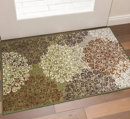 2' X 3' Brown Green And Ivory Floral Medallion Area Rug