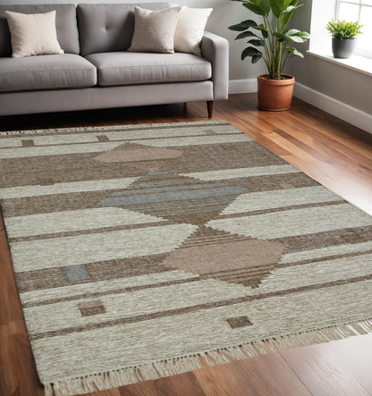 5' X 8' Gray And Brown Geometric Flatweave Handmade Area Rug With Fringe