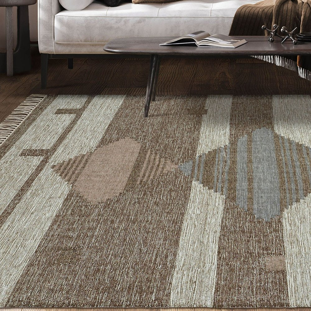 5' X 8' Gray And Brown Geometric Flatweave Handmade Area Rug With Fringe