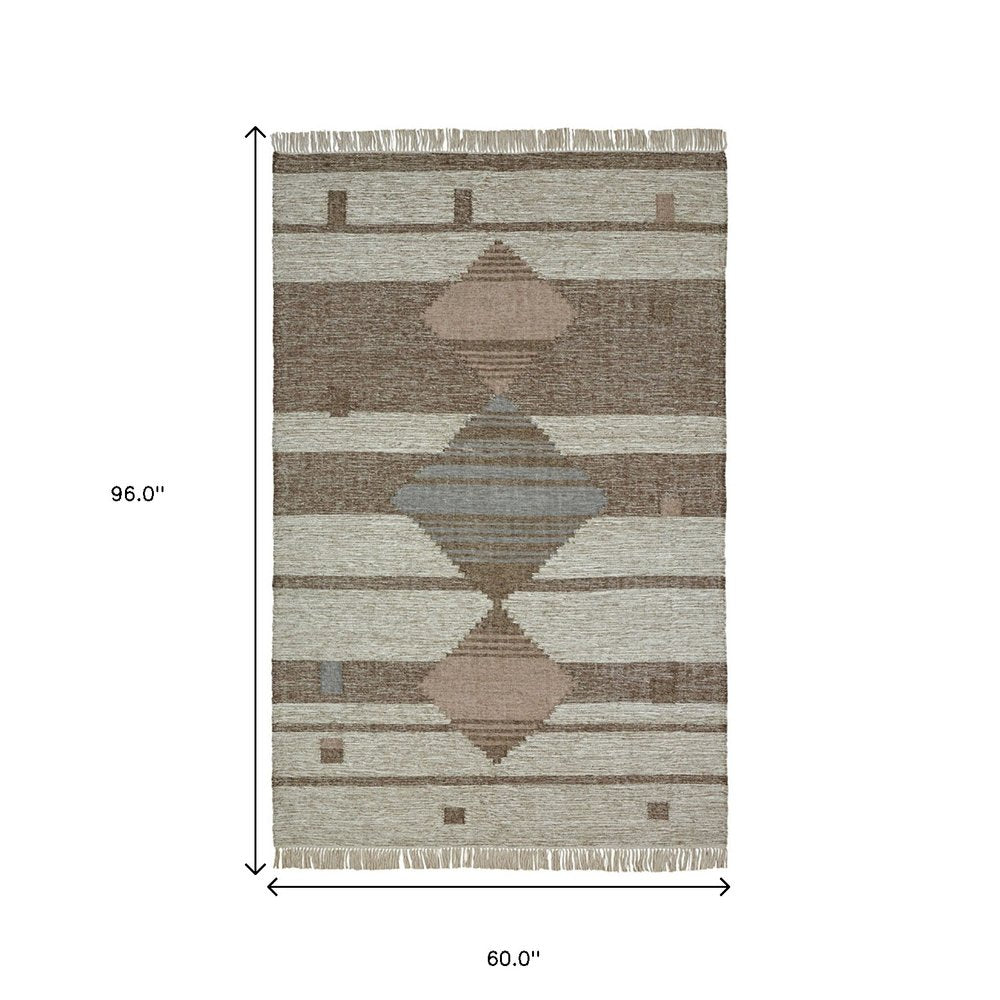 5' X 8' Gray And Brown Geometric Flatweave Handmade Area Rug With Fringe