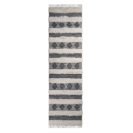 10' Black And Ivory Wool Striped Flatweave Handmade Stain Resistant Runner Rug With Fringe