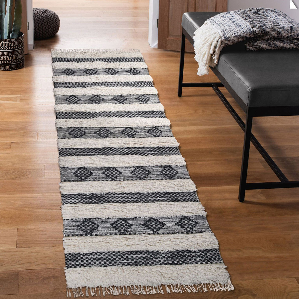 10' Black And Ivory Wool Striped Flatweave Handmade Stain Resistant Runner Rug With Fringe