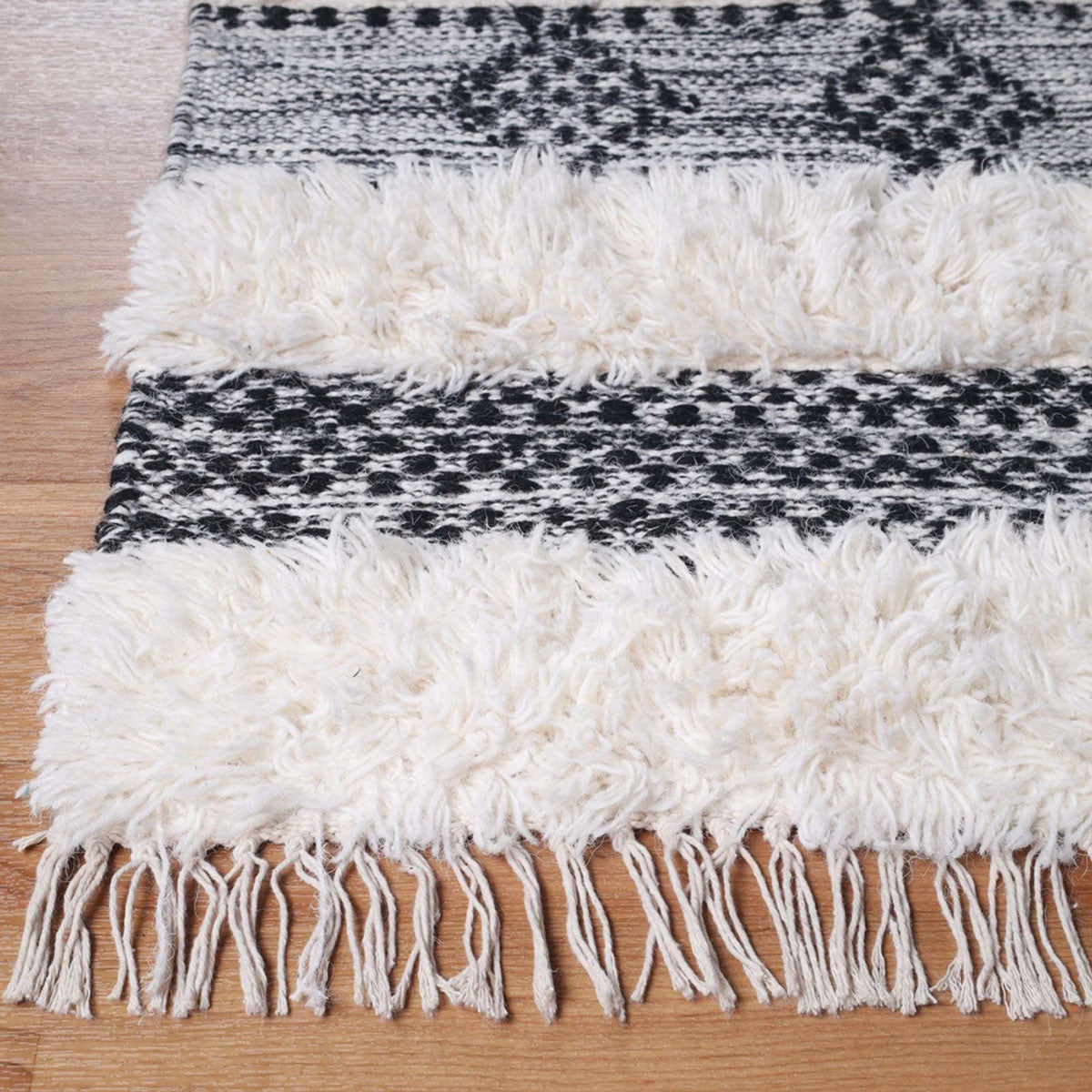10' Black And Ivory Wool Striped Flatweave Handmade Stain Resistant Runner Rug With Fringe