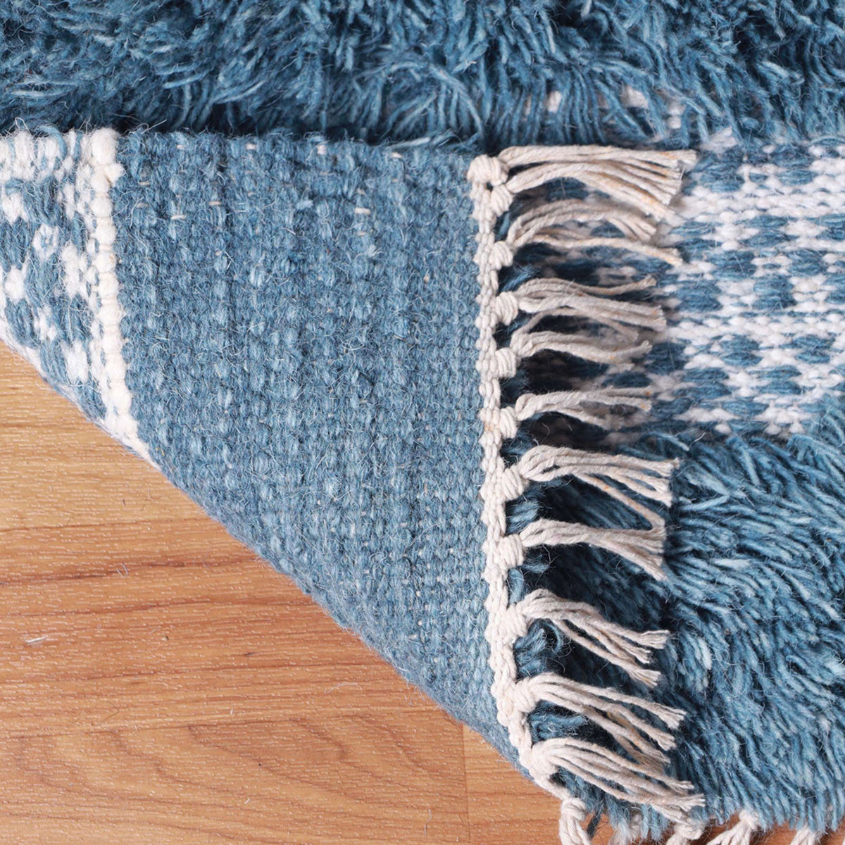 10' Blue And Ivory Wool Striped Flatweave Handmade Stain Resistant Runner Rug With Fringe