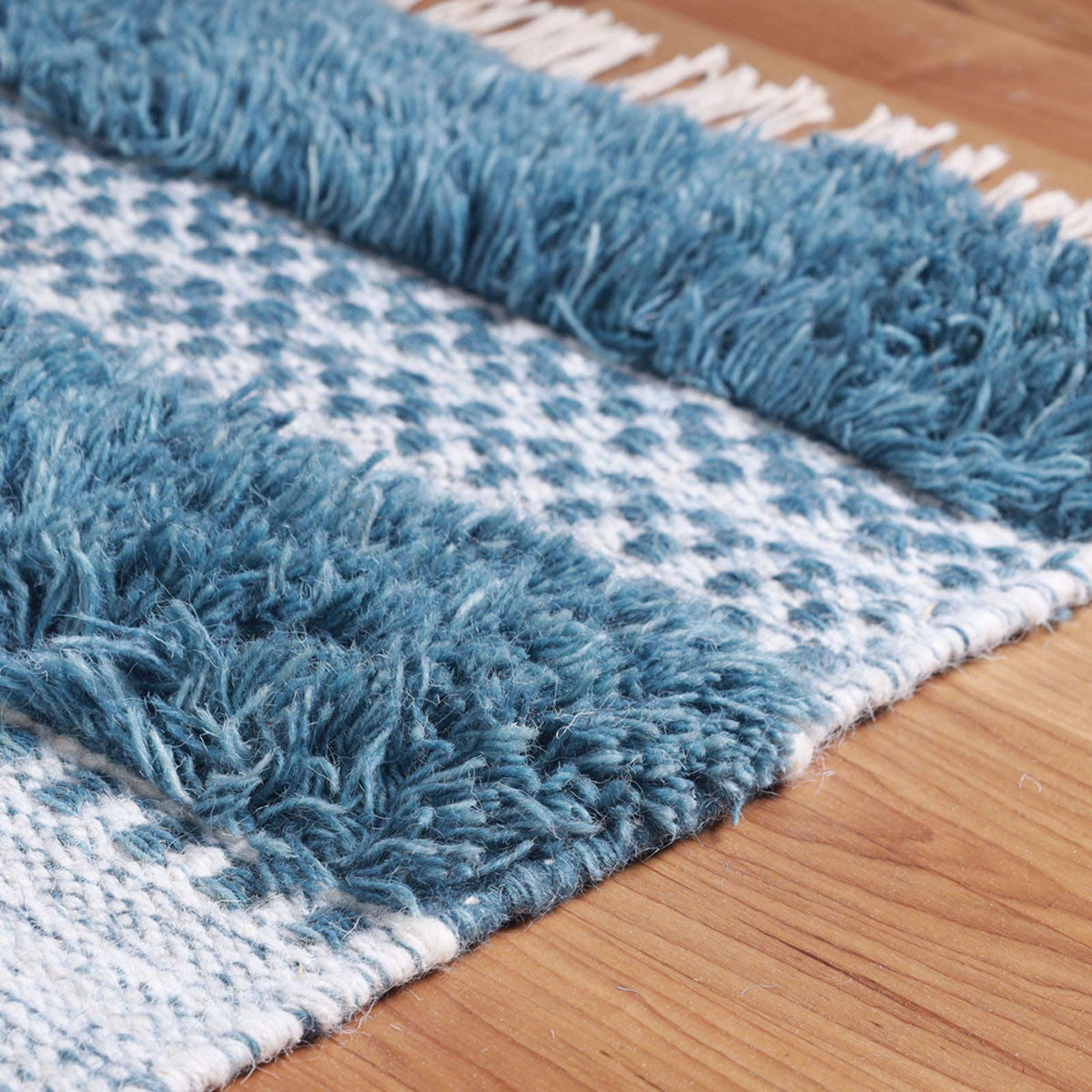 10' Blue And Ivory Wool Striped Flatweave Handmade Stain Resistant Runner Rug With Fringe