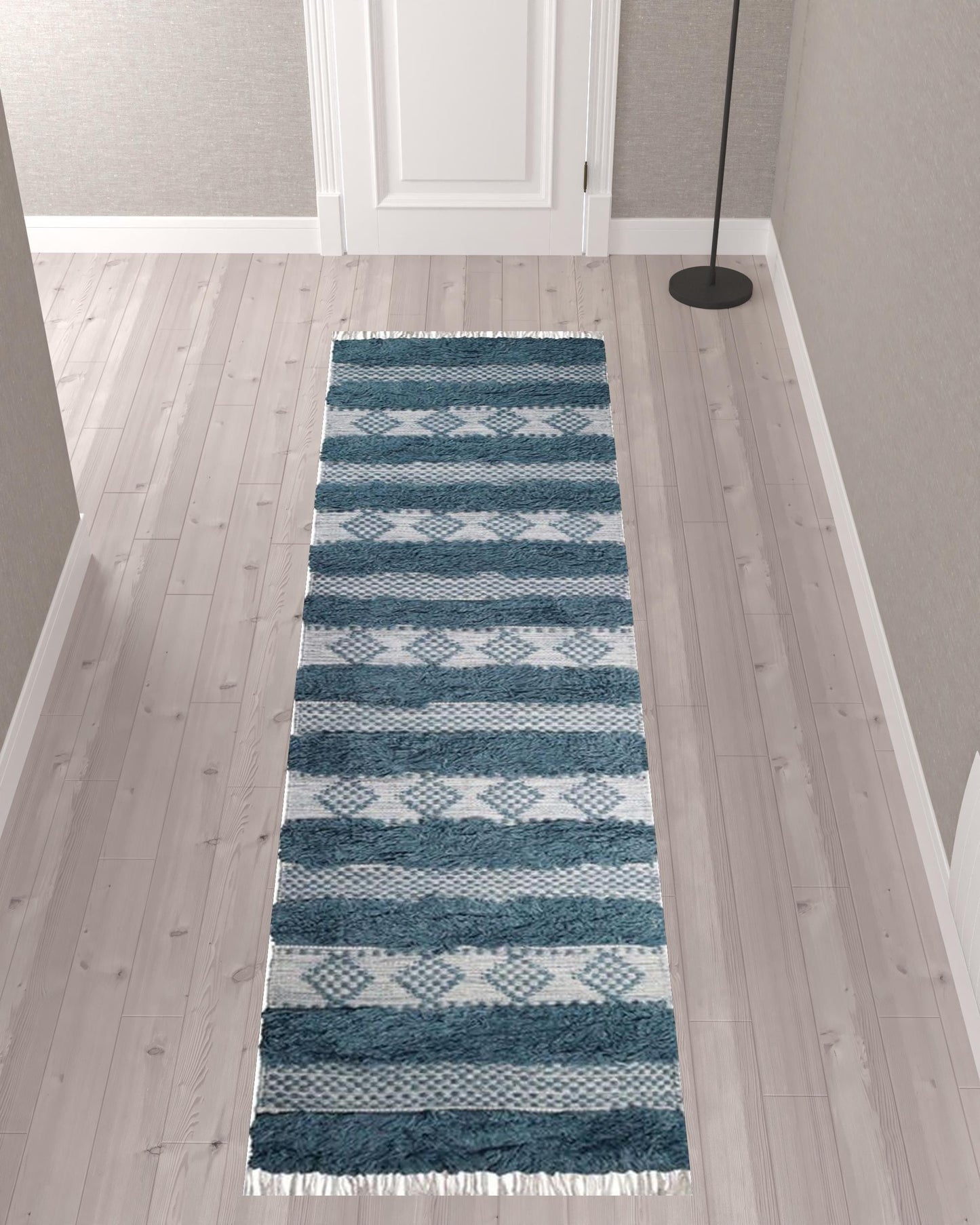 10' Blue And Ivory Wool Striped Flatweave Handmade Stain Resistant Runner Rug With Fringe