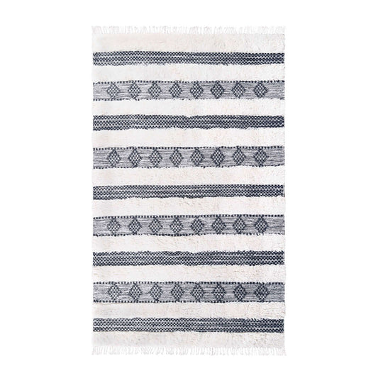 4' X 6' Black And Ivory Wool Striped Flatweave Handmade Stain Resistant Area Rug With Fringe