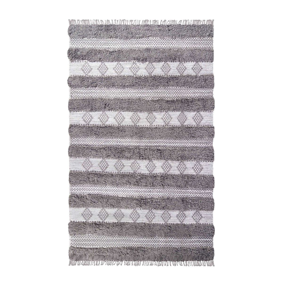 4' X 6' Grey And Silver Wool Striped Flatweave Handmade Stain Resistant Area Rug With Fringe