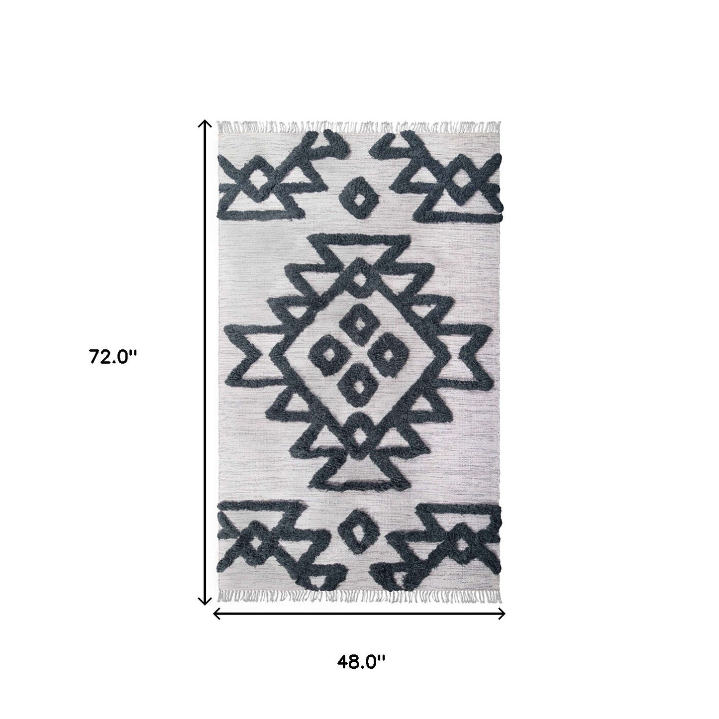 4' X 6' Ivory And Charcoal Wool Geometric Flatweave Handmade Stain Resistant Area Rug With Fringe