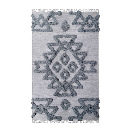 4' X 6' Silver And Grey Wool Geometric Flatweave Handmade Stain Resistant Area Rug With Fringe