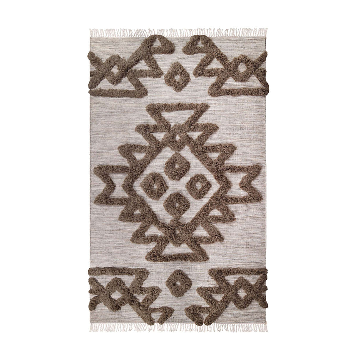 8' X 10' Sand And Taupe Wool Geometric Power Loom Stain Resistant Area Rug With Fringe