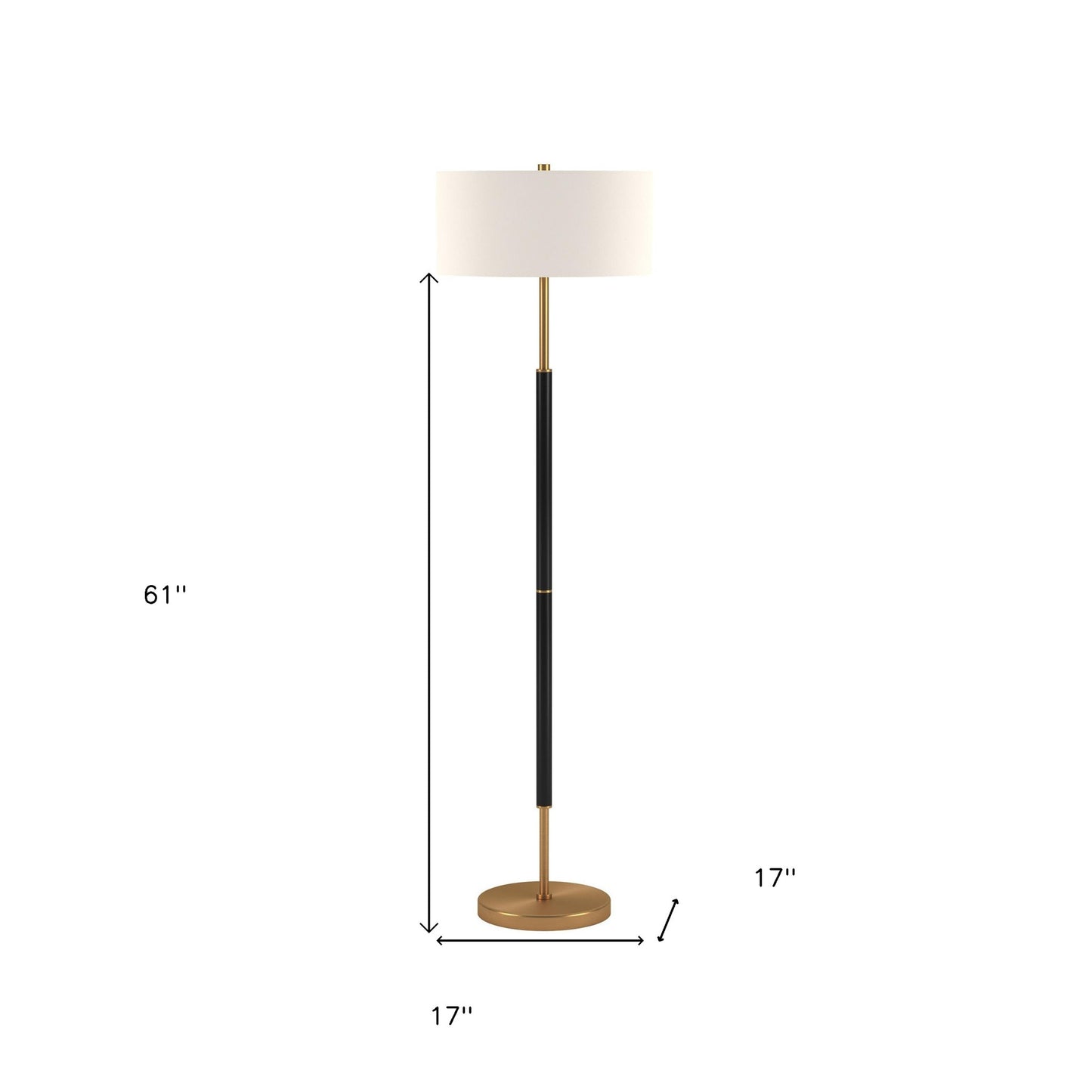 61" Black and Brass Two Light Floor Lamp With White Drum Shade