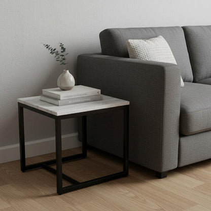 15" Black And White Stone And Metal Square End Table