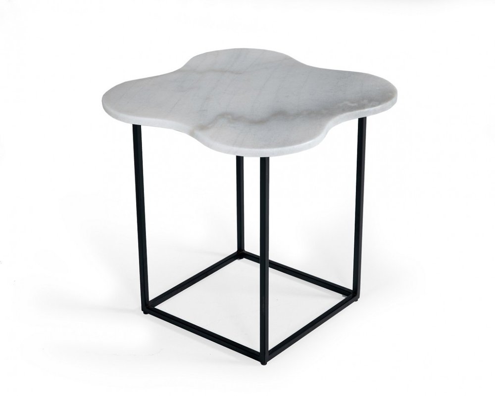 Cloud-shaped white marble end table with a black metal square-frame base.