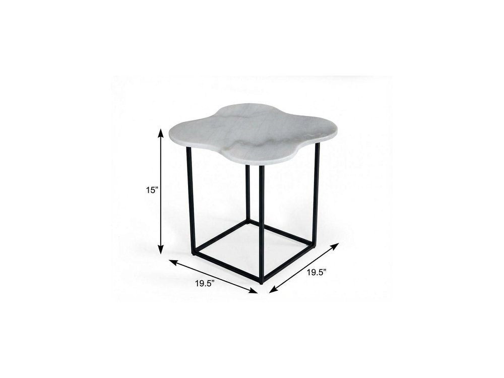 End table with a cloud-shaped black-and-white marble-look top on a black metal square frame; 15in tall, 19.5in square.