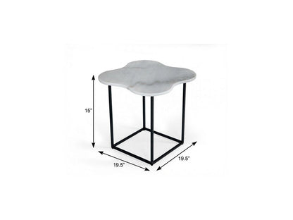 End table with a cloud-shaped black-and-white marble-look top on a black metal square frame; 15in tall, 19.5in square.