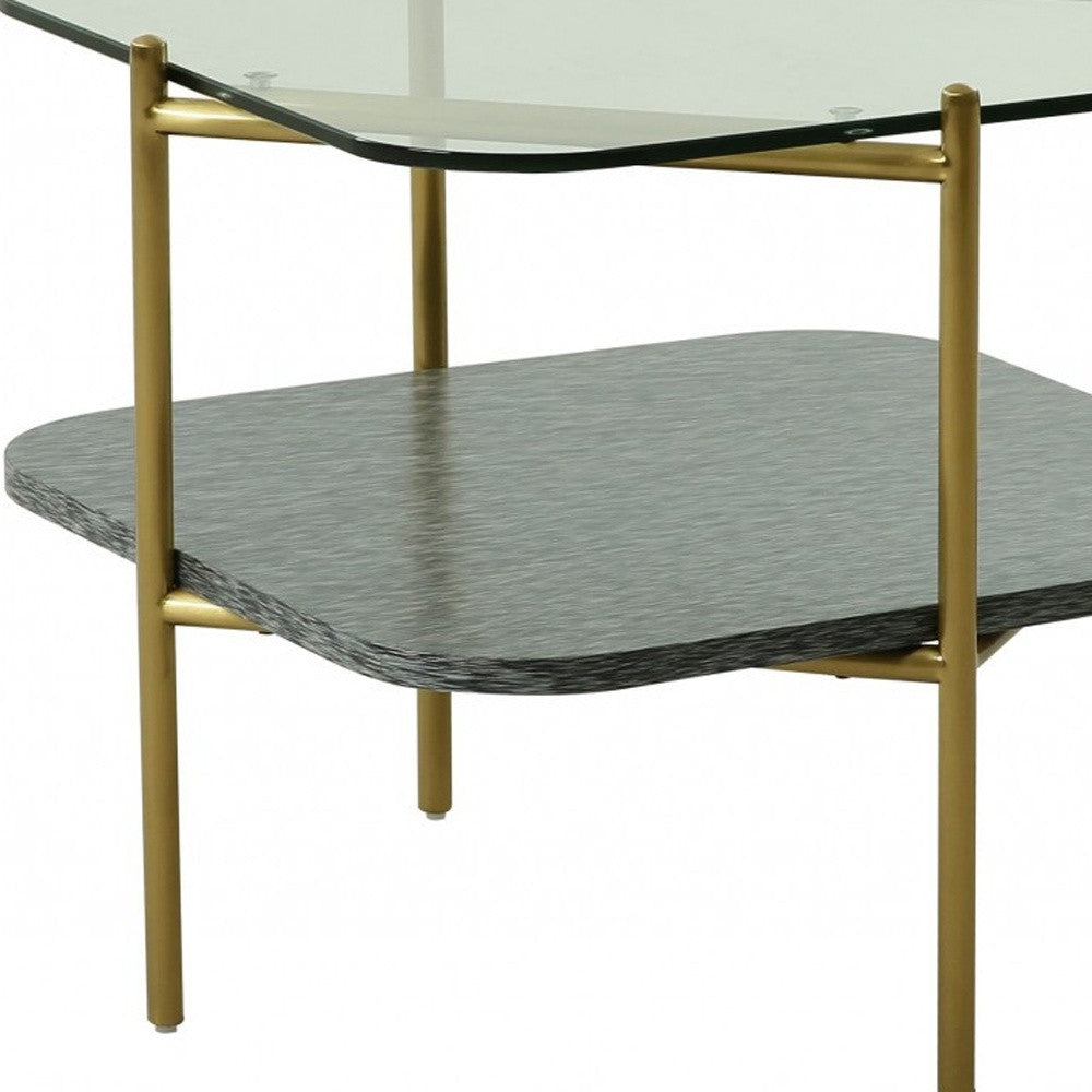 20" Gold And Clear Glass And Metal Square End Table With Shelf