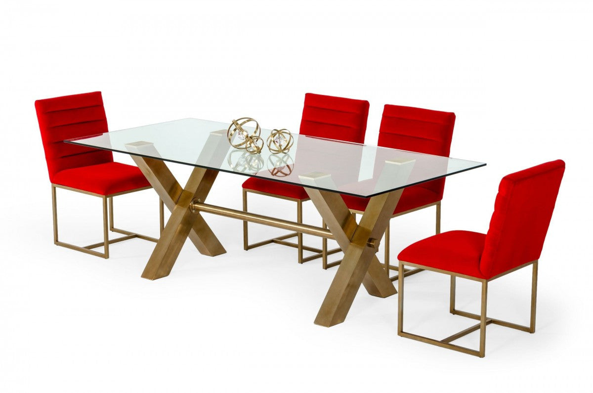 87" Clear And Gold Glass And Stainless Steel Sled Base Dining Table