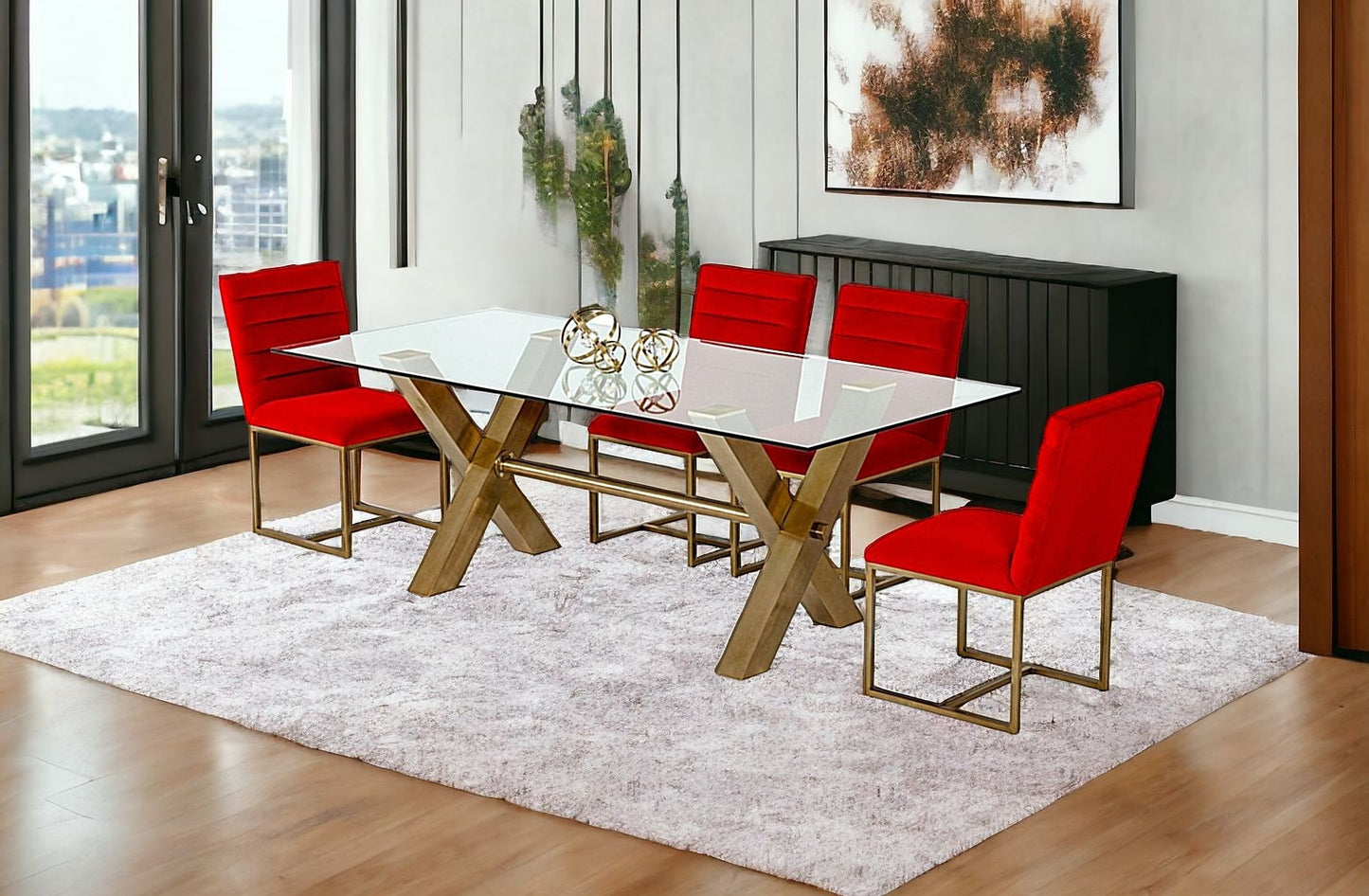 87" Clear And Gold Glass And Stainless Steel Sled Base Dining Table