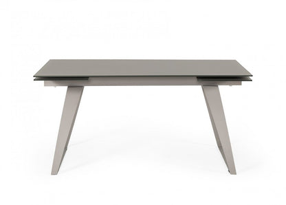 94" Gray Glass And Metal Self-Storing Leaf Sled Base Dining Table
