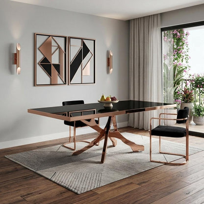 87" Black And Gold Glass And Stainless Steel Pedestal Base Dining Table
