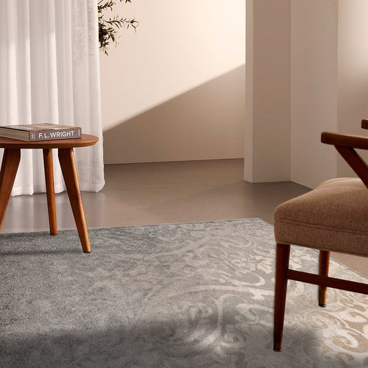 4' X 6' Gray And Ivory Damask Area Rug