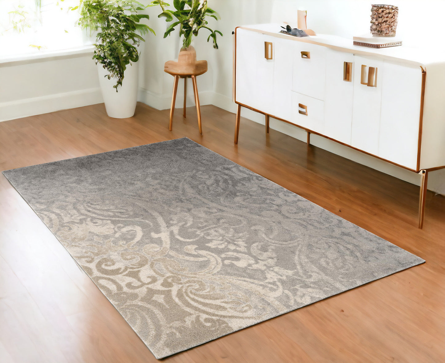 4' X 6' Grey Damask Power Loom Stain Resistant Area Rug