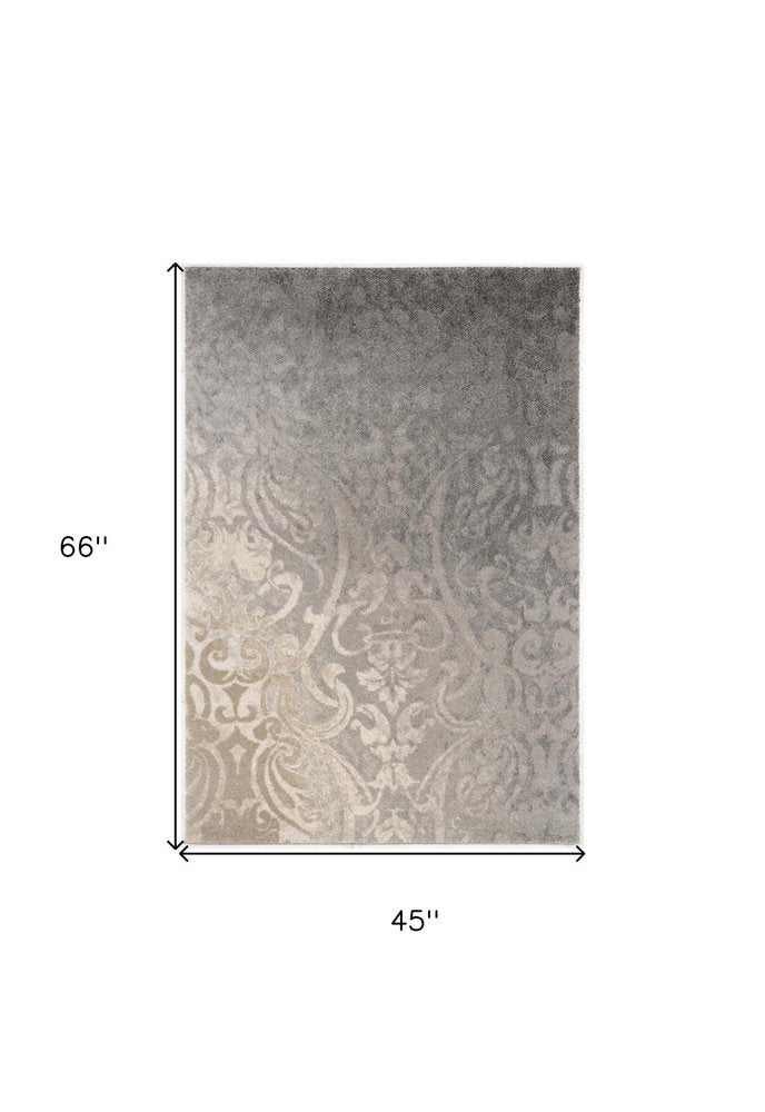4' X 6' Gray And Ivory Damask Area Rug