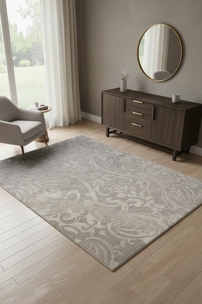 4' X 6' Gray And Ivory Damask Area Rug