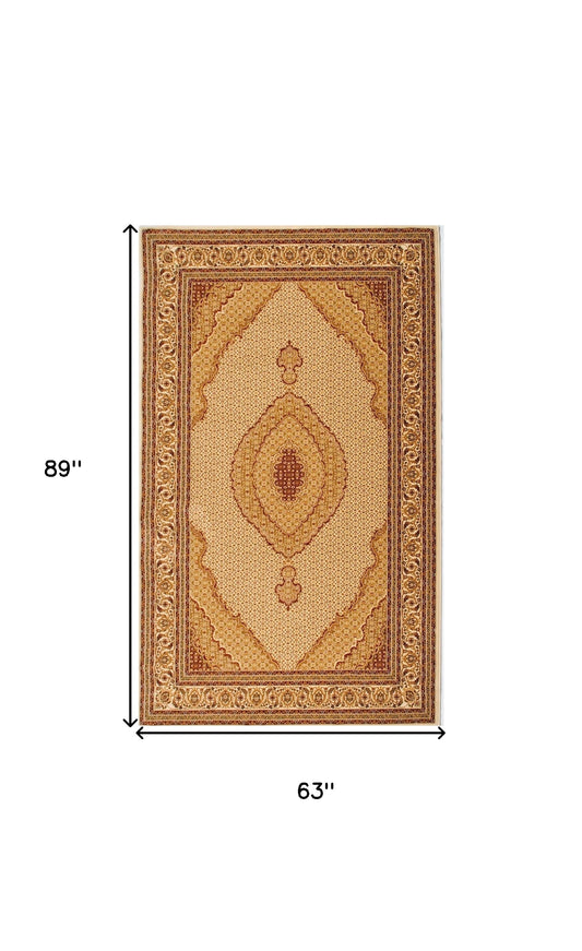 5' X 8' Beige and Ivory Oriental Power Loom Area Rug