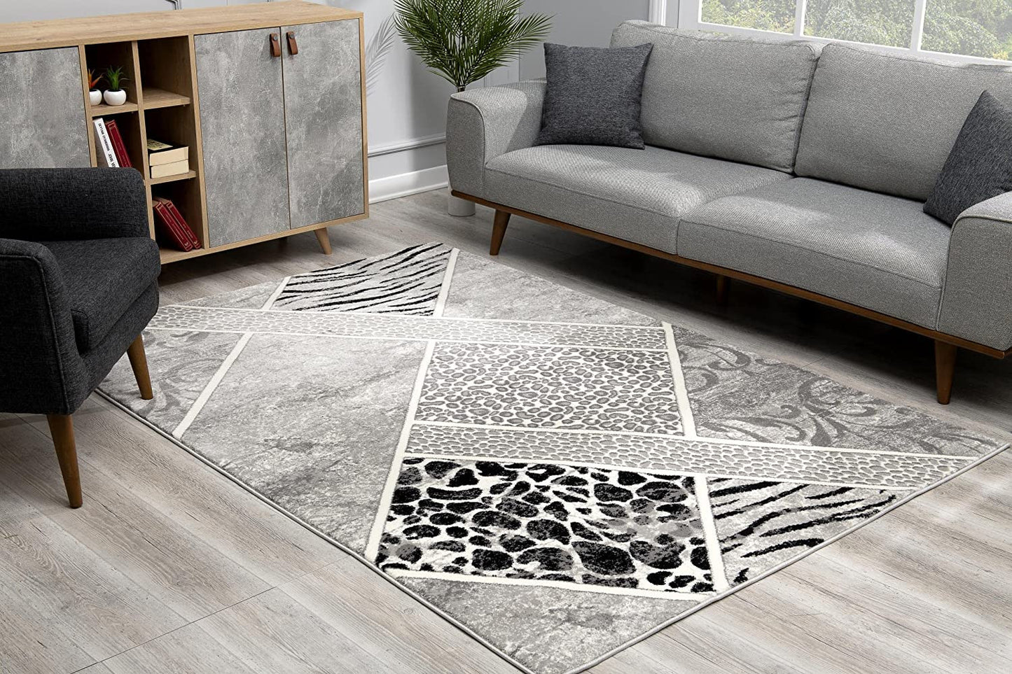 5' X 8' Grey Geometric Power Loom Stain Resistant Area Rug