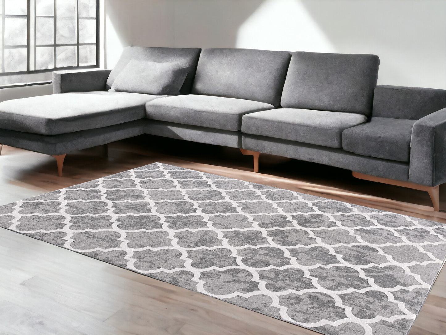 7' X 9' Grey Geometric Power Loom Stain Resistant Area Rug