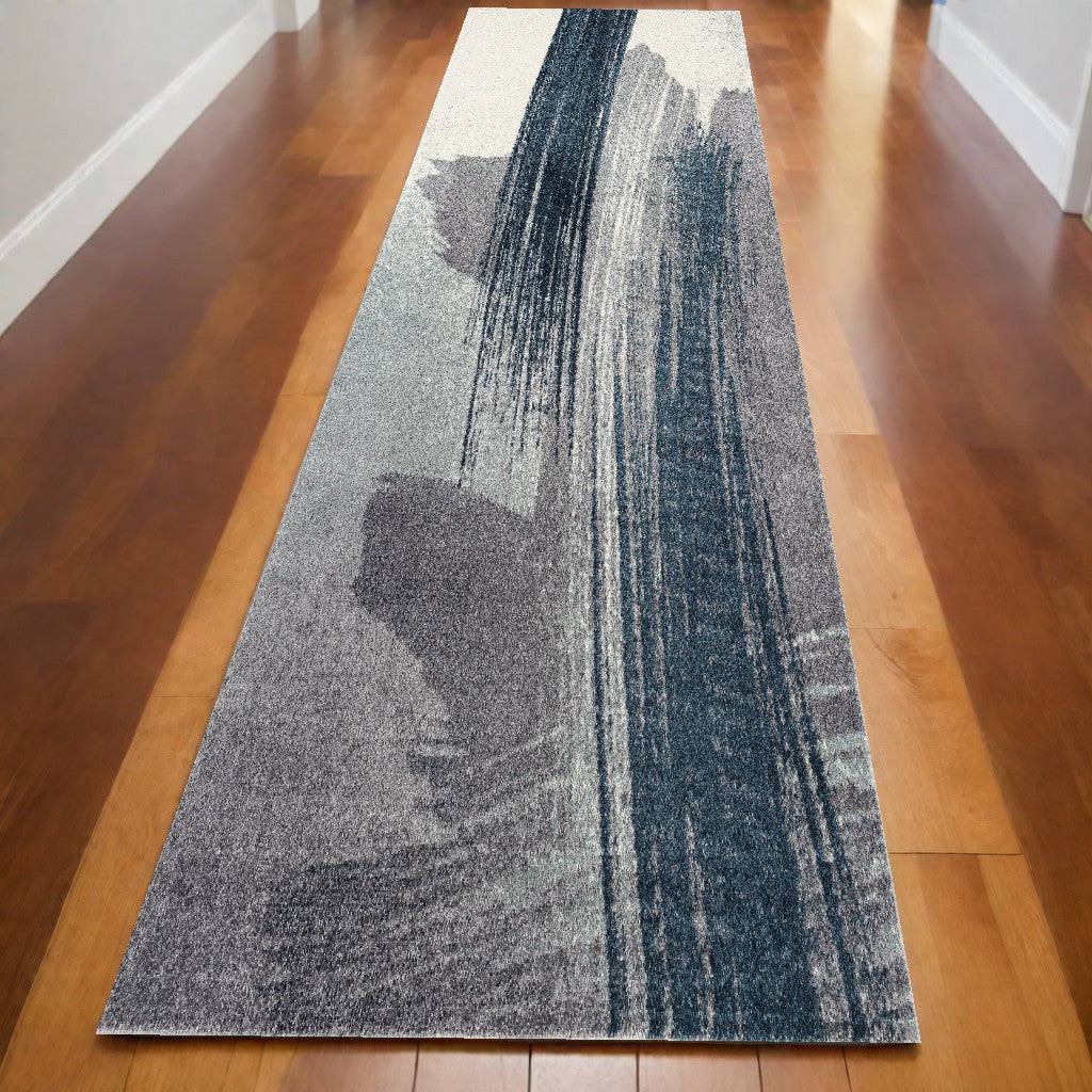 2' X 20' White And Blue Abstract Power Loom Stain Resistant Area Rug