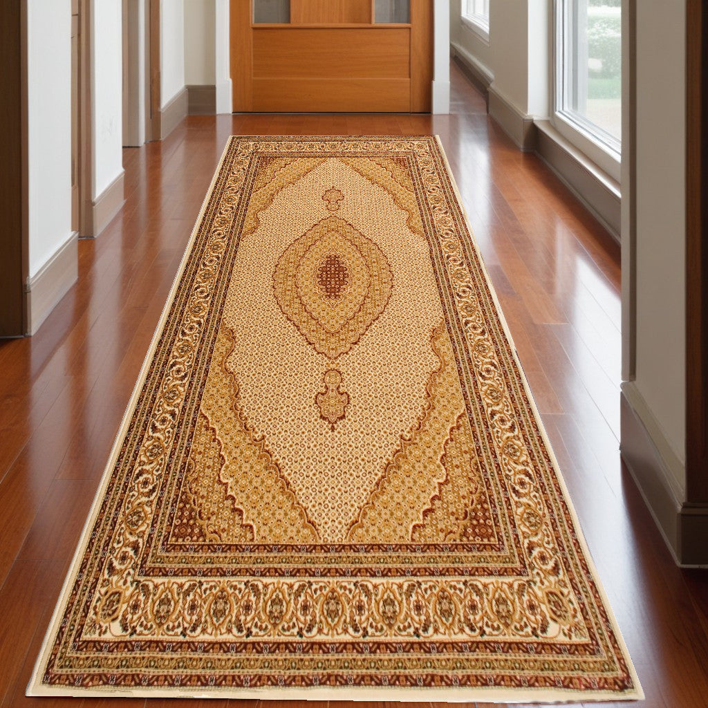 20' Runner Beige and Ivory Oriental Power Loom Runner Rug